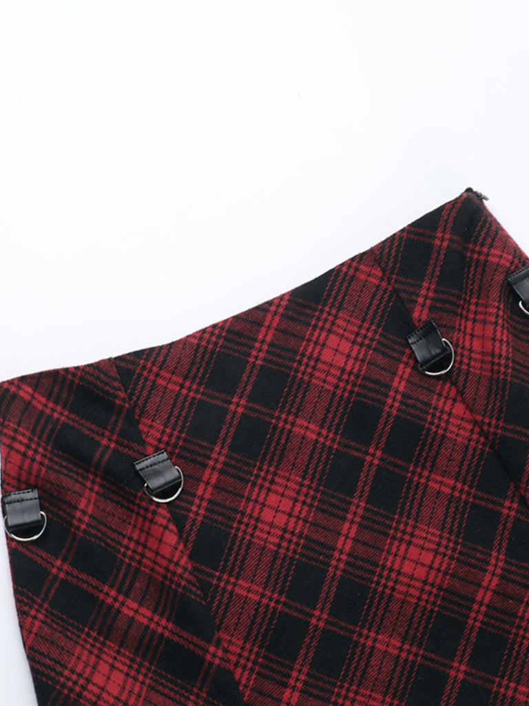 Red 1980s Scottish Plaid High-Low Hem Skirt - vintage skirt, retro style, elegant red
