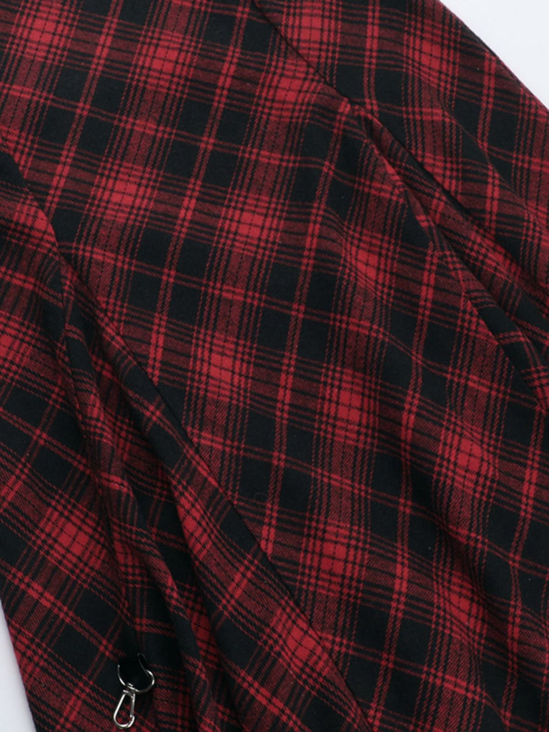 Red 1980s Scottish Plaid High-Low Hem Skirt - vintage skirt, retro style, elegant red