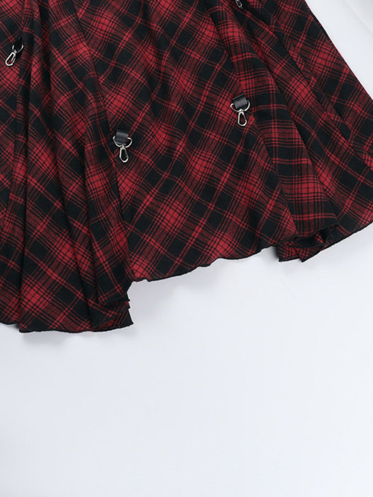 Red 1980s Scottish Plaid High-Low Hem Skirt - vintage skirt, retro style, elegant red