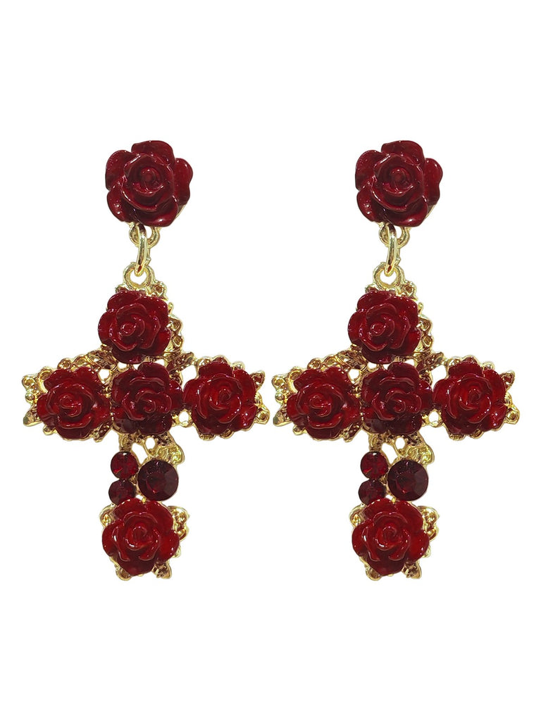 She adds this Red 3D Rose Crystal Cross Earrings and suddenly it's vintage perfection