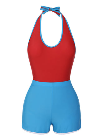 Red & Blue 1930s Solid Patchwork Swimsuit Set, vintage swimsuit, pin-up swimwear - perfect for women who love vintage and retro fashion