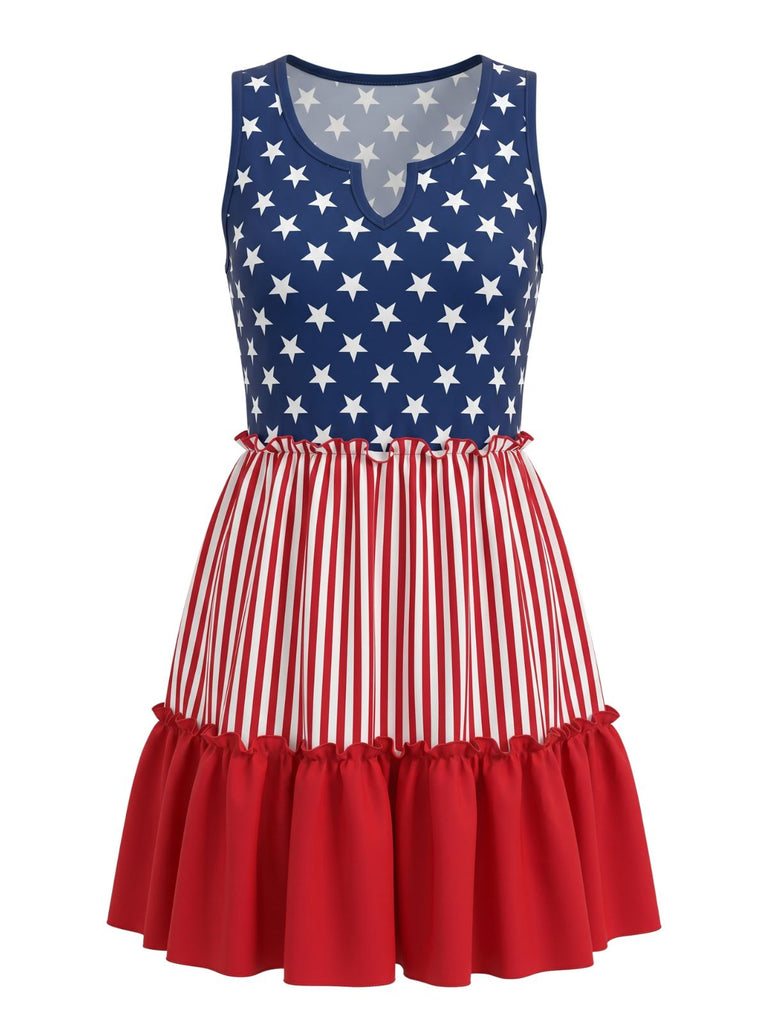 红蓝白拼色 1940s Print Vintage Sleeveless Dress 3