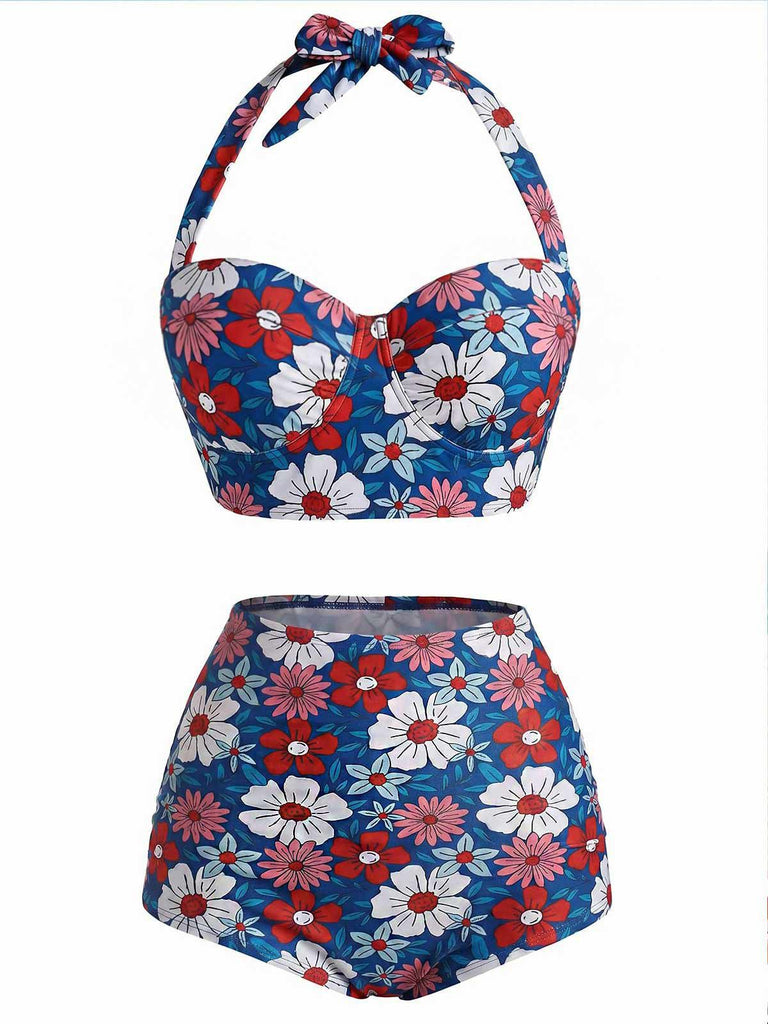 Red & Blue & White 1950s Floral Halter Bikini Set, vintage swimsuit, pin-up swimwear - perfect for women who love vintage and retro fashion