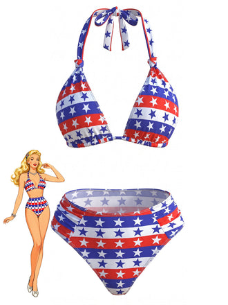 Red & Blue & White 1960s Star & Striped Bikini Set, vintage swimsuit, pin-up swimwear - perfect for women who love vintage and retro fashion