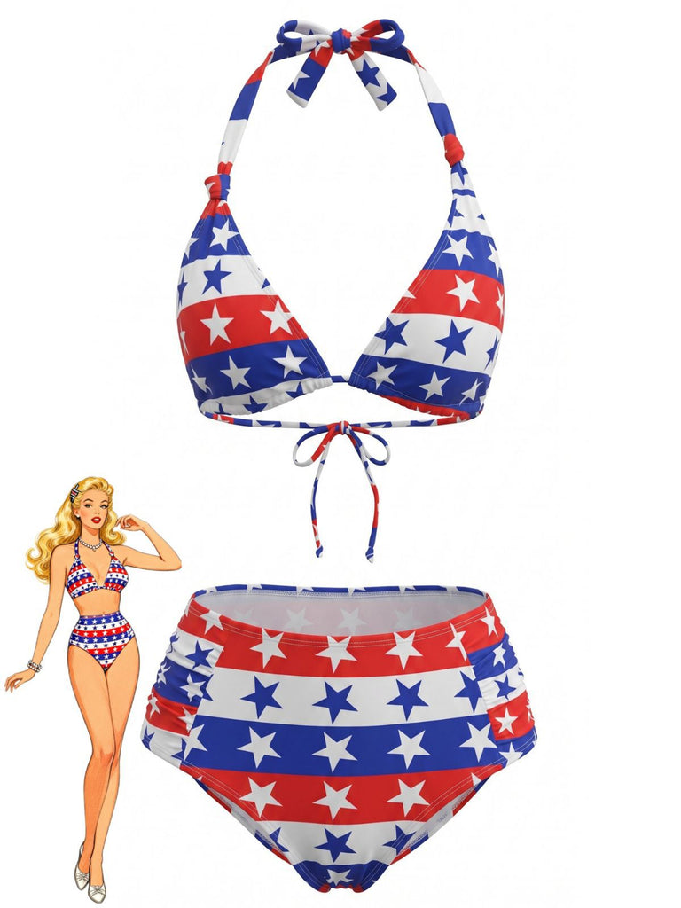 Red & Blue & White 1960s Star & Striped Bikini Set, vintage swimsuit, pin-up swimwear - perfect for women who love vintage and retro fashion