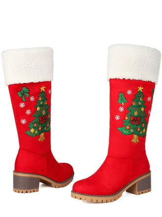 Red Embroidered Christmas Tree Fuzzy Snow Boots - vintage fashion, retro style, elegant red