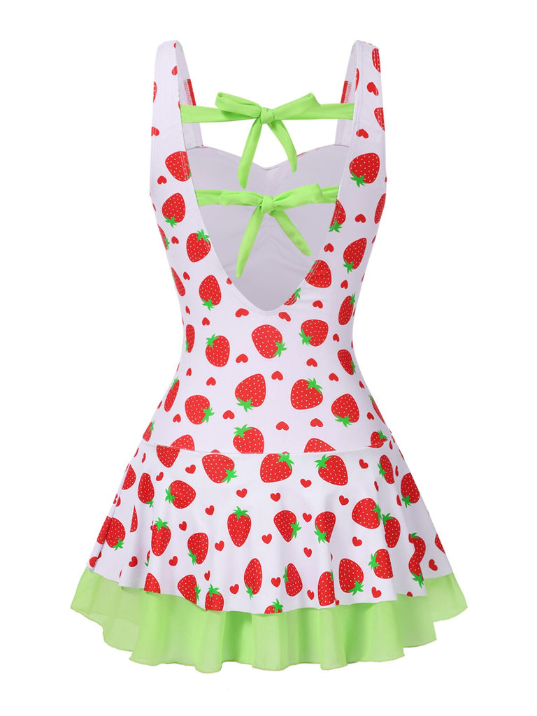 Red & Green 1940s Strawberry Bow Swim Dress — a 1940s silhouette that turns sidewalks into runways