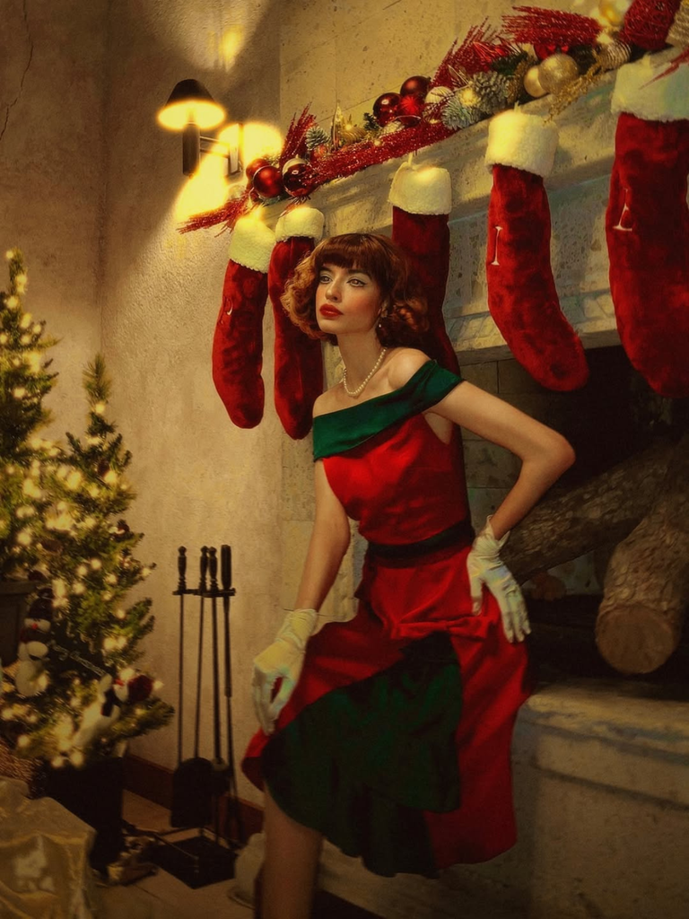 Red & Green 1950s Chrismtas Tree Off-Shoulder Dress - vintage dress, retro fashion, rockabilly