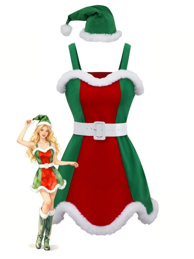 Red & Green 1960s Christmas Plush Trim Dress Set - vintage dress, retro fashion, elegant red