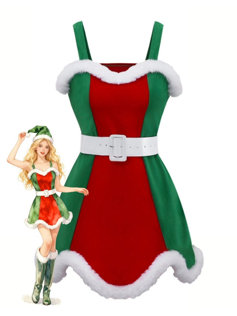 Red & Green 1960s Christmas Plush Trim Dress Set - vintage dress, retro fashion, elegant red