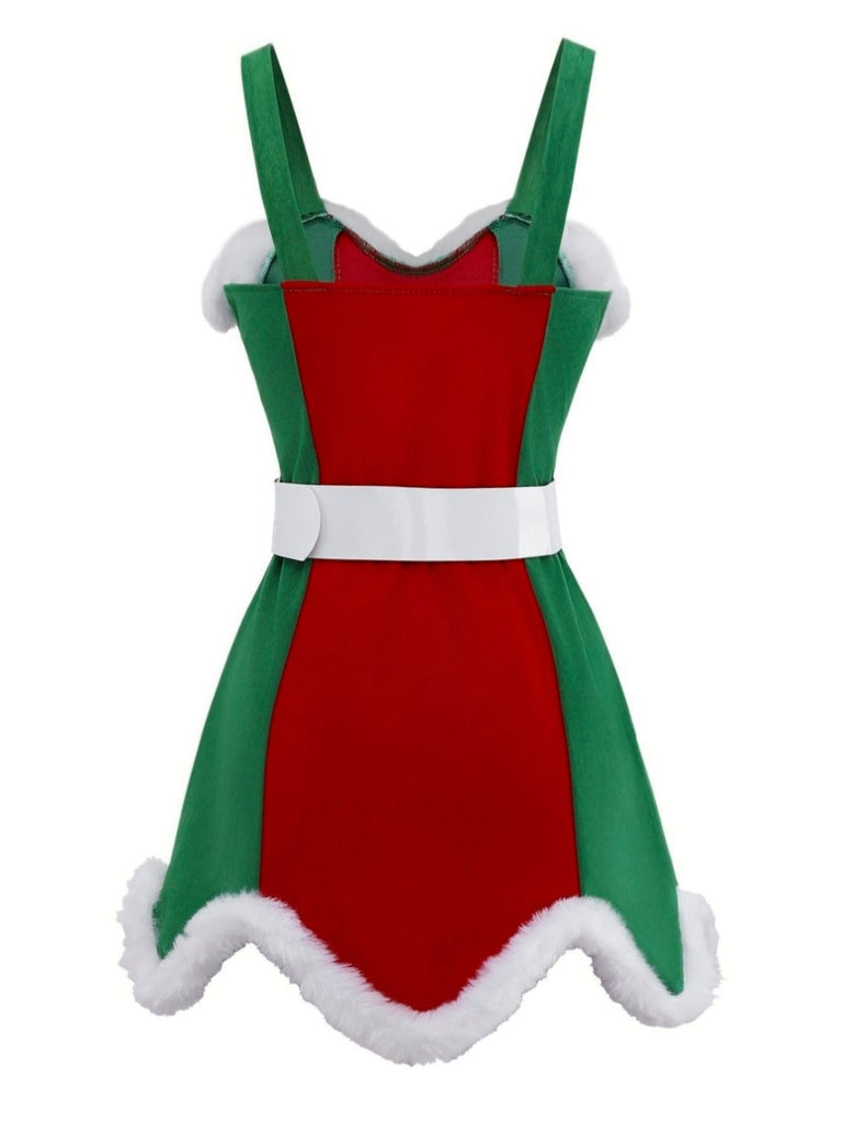 Red & Green 1960s Christmas Plush Trim Dress Set - vintage dress, retro fashion, elegant red