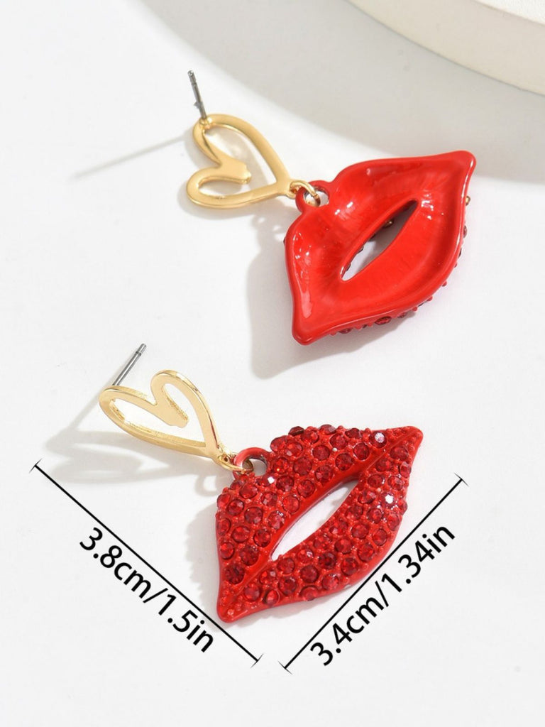 Red Lip Rhinestones Heart Alloy Pendant Earrings - vintage fashion, retro style, elegant red