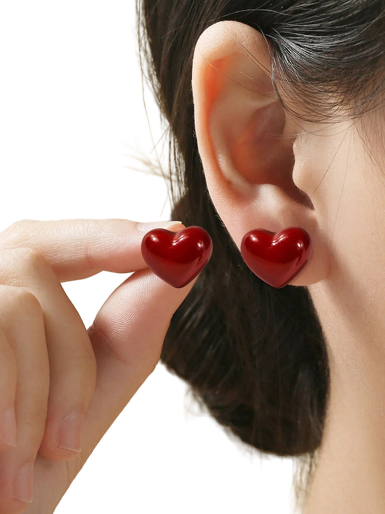 Red Valentine's Day Heart Stud Earrings - vintage fashion, retro style, elegant red