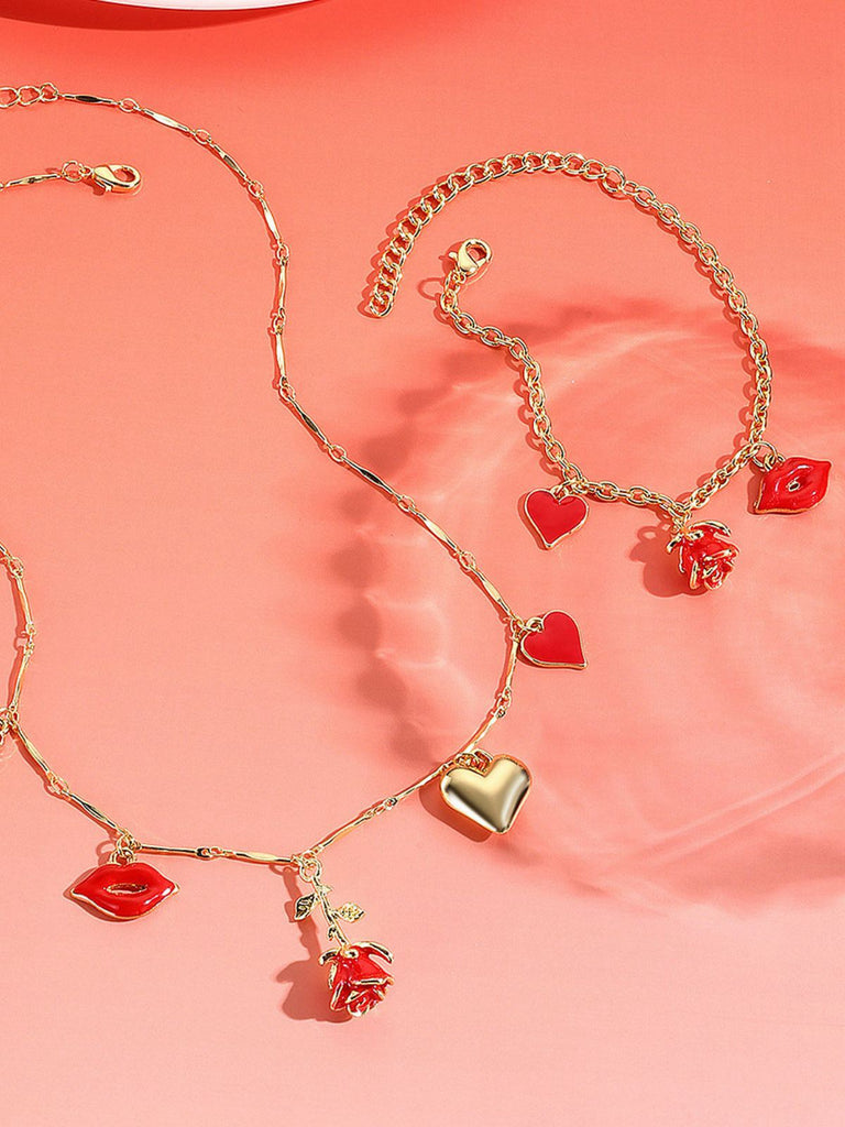 Red Valentine's Rose Heart Lips Necklace & Bracelet Set - vintage fashion, retro style, elegant red