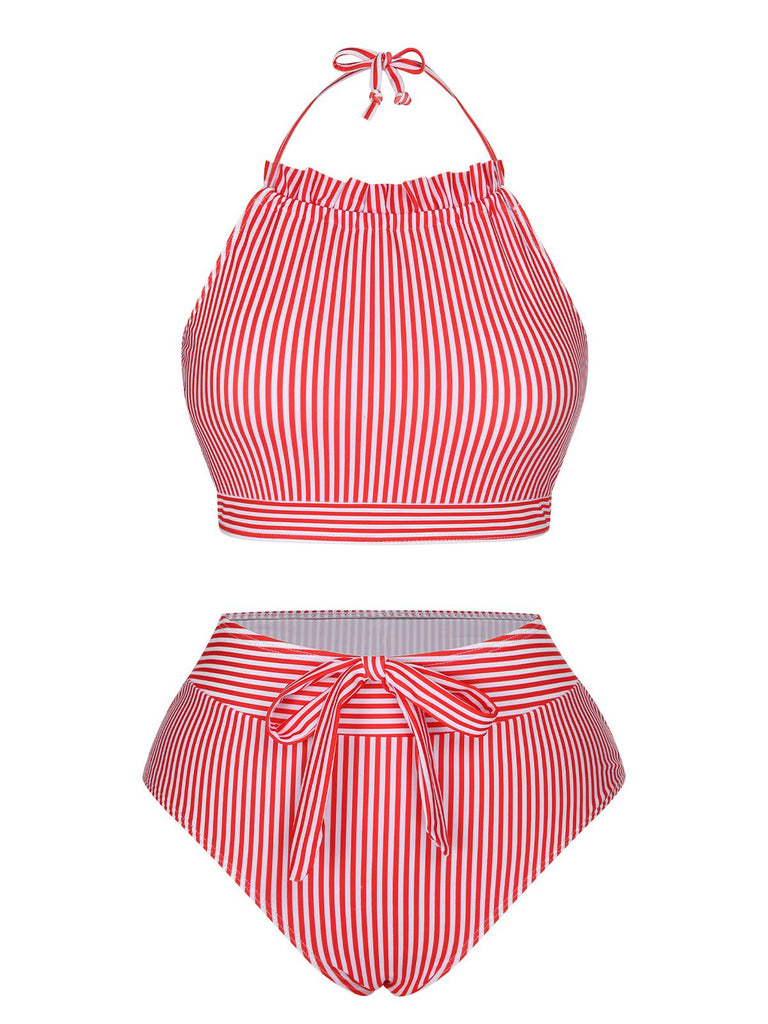 She's wearing Red & White 1930s Striped Knot Halter Swimsuit and the whole beach remembers the 1930s