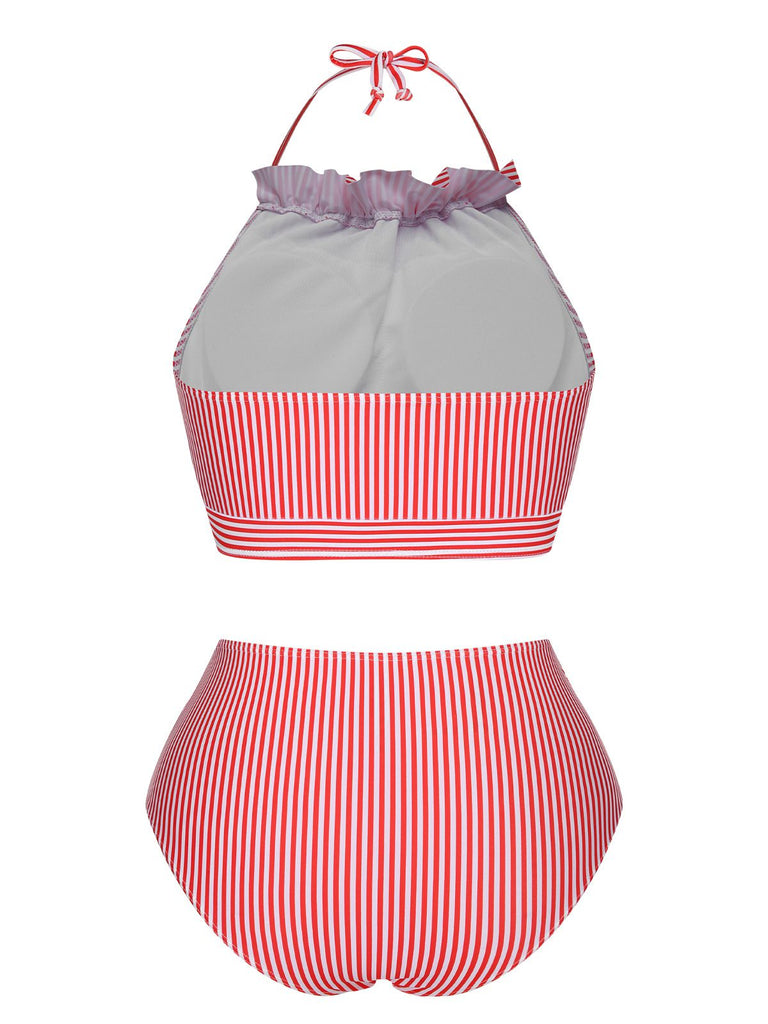 Red & White 1930s Striped Knot Halter Swimsuit, vintage swimsuit, pin-up swimwear - perfect for women who love vintage and retro fashion