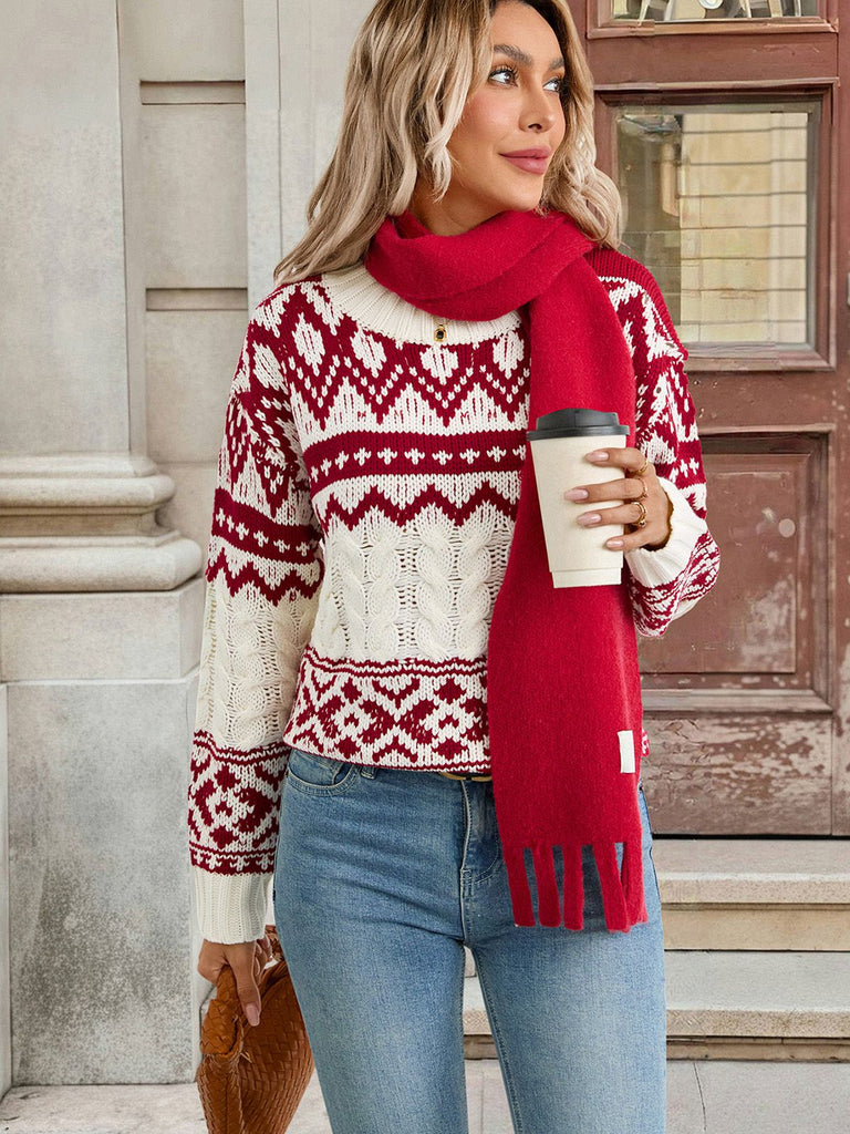Red & White 1950s Christmas Fair Isle Knit Sweater - vintage fashion, retro style, elegant red