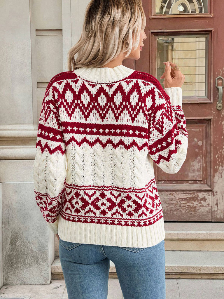 Red & White 1950s Christmas Fair Isle Knit Sweater - vintage fashion, retro style, elegant red