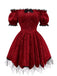 Red 1970s Gothic Lace Bow Off Shoulder Dress - vintage dress, retro fashion, elegant red