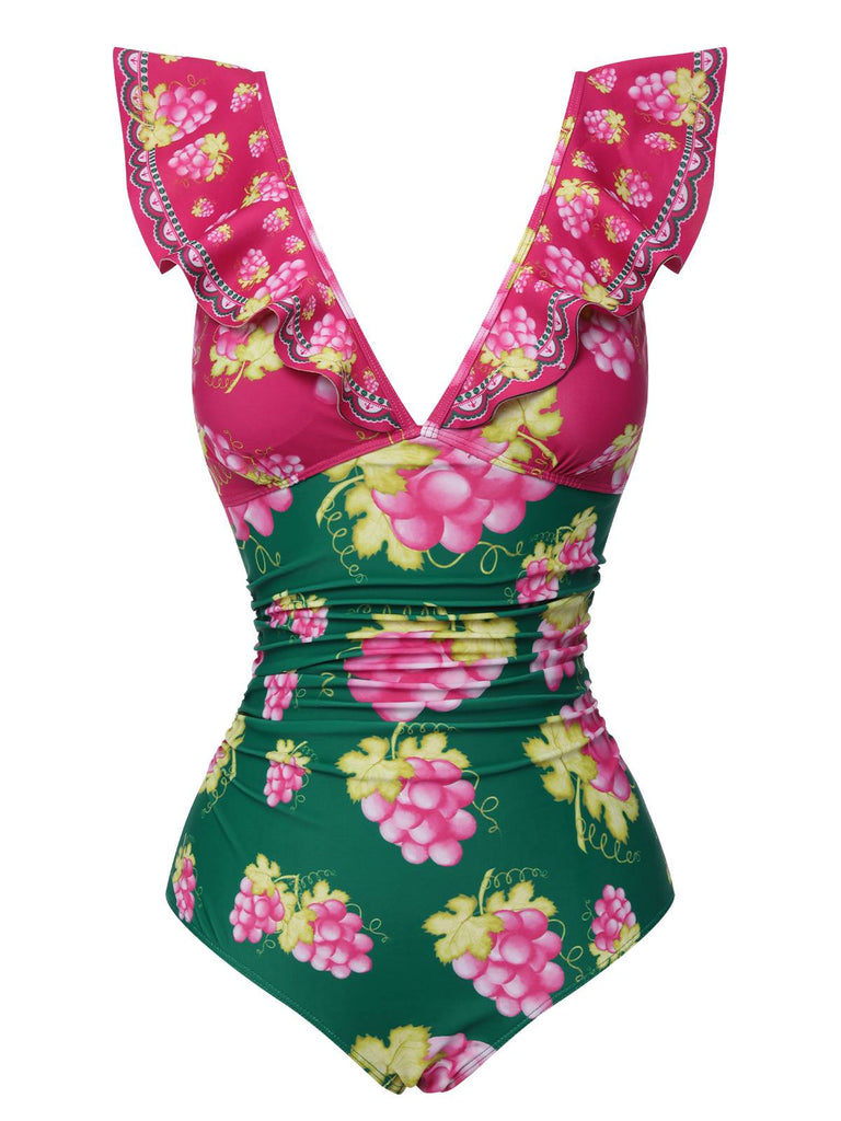 Retro 1950s Grape V-Neck Ruffle Sleeves Swimsuit, vintage swimsuit, pin-up swimwear - perfect for women who love vintage and retro fashion