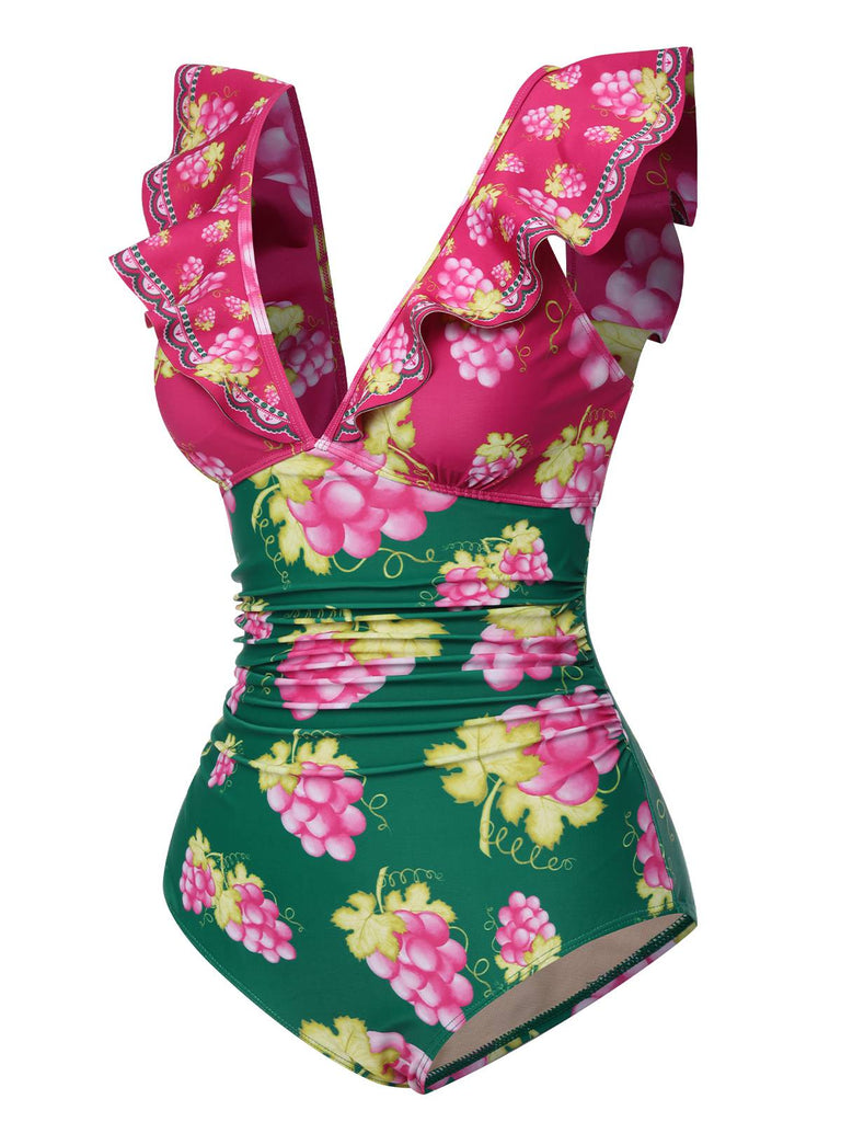 Retro 1950s Grape V-Neck Ruffle Sleeves Swimsuit, vintage swimsuit, pin-up swimwear - perfect for women who love vintage and retro fashion