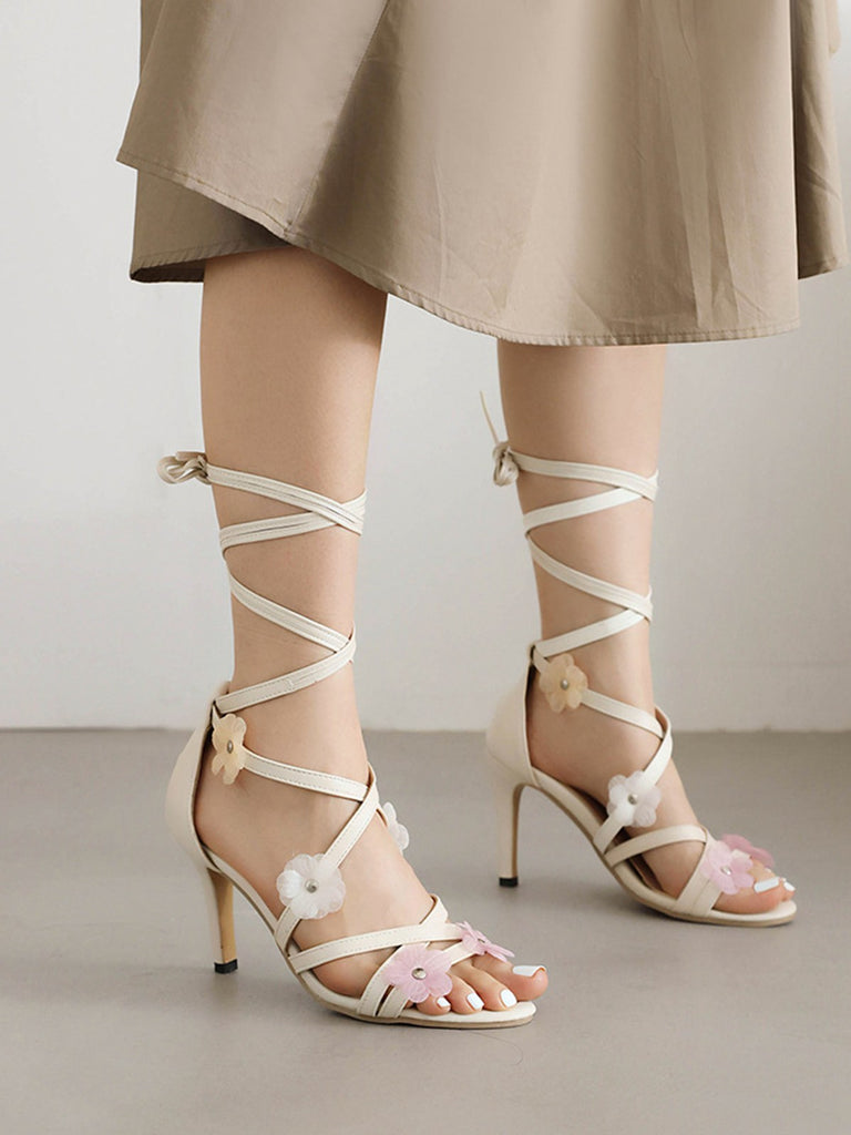 She finds her 1950s story in this Retro 3D Flower Stilettos Ankle Wrap Sandals