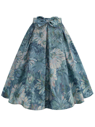 She sways in this Retro Blue 1950s Lotus Painting Bow Skirt and it's pure 1950s magic