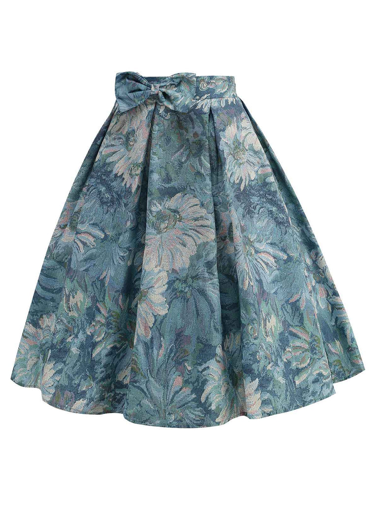 Retro Blue 1950s Lotus Painting Bow Skirt: 1950s grace for the woman who dances through life