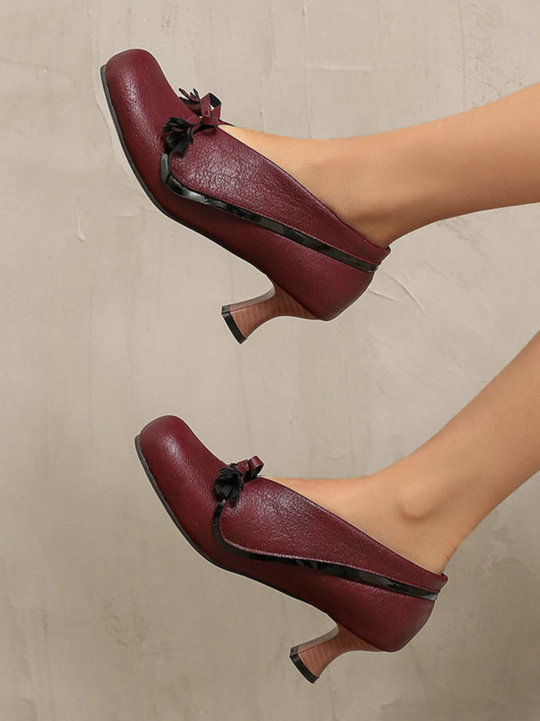 Retro Bow PU Round-Toe Chunky Heel Shoes - vintage shoes, retro heels