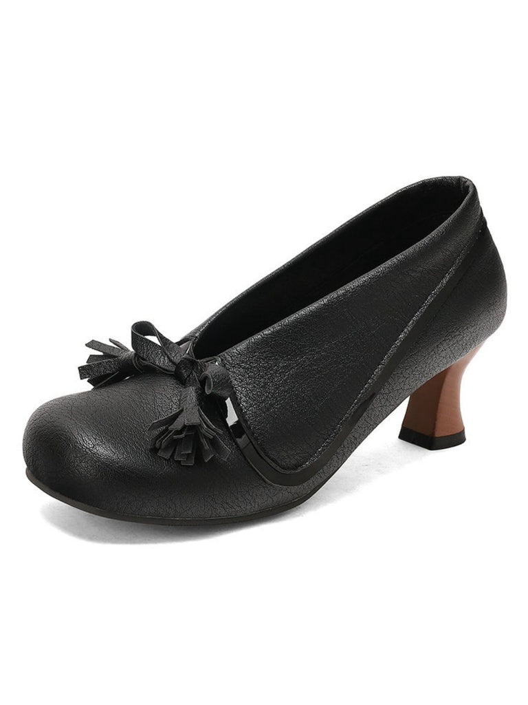 Retro Bow PU Round-Toe Chunky Heel Shoes - vintage shoes, retro heels