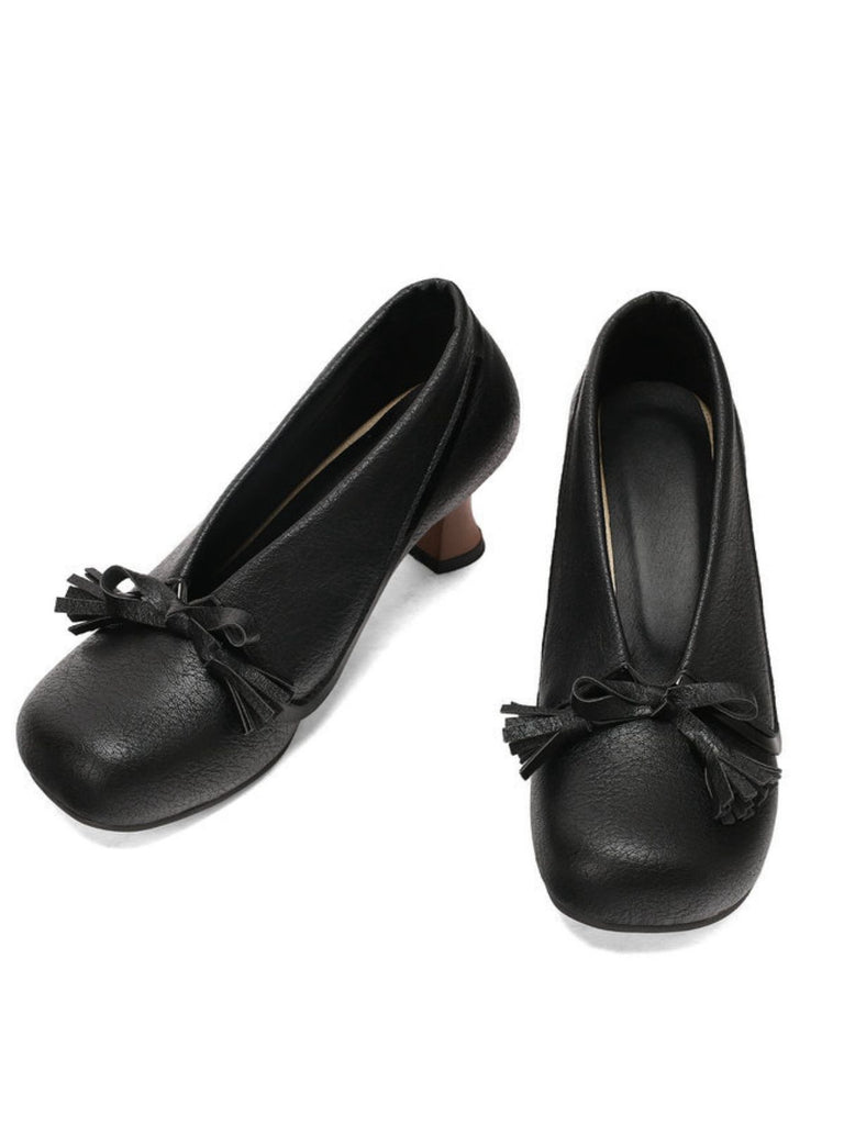 Retro Bow PU Round-Toe Chunky Heel Shoes - vintage shoes, retro heels
