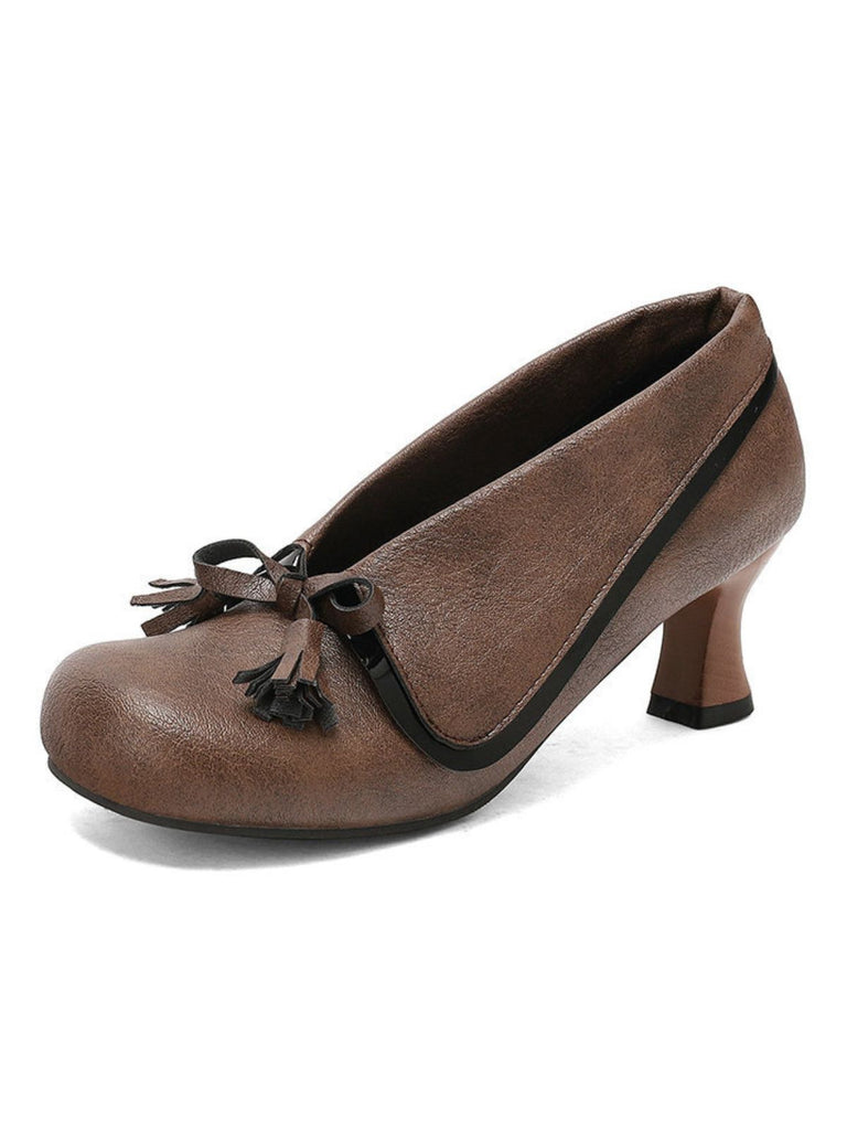 Retro Bow PU Round-Toe Chunky Heel Shoes - vintage shoes, retro heels