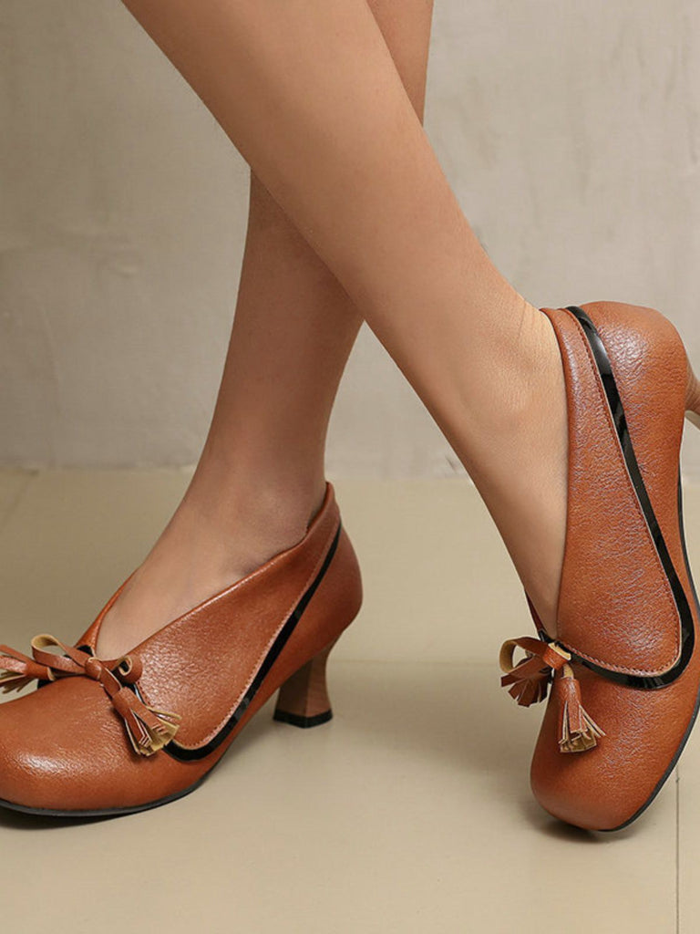 Retro Bow PU Round-Toe Chunky Heel Shoes - vintage shoes, retro heels