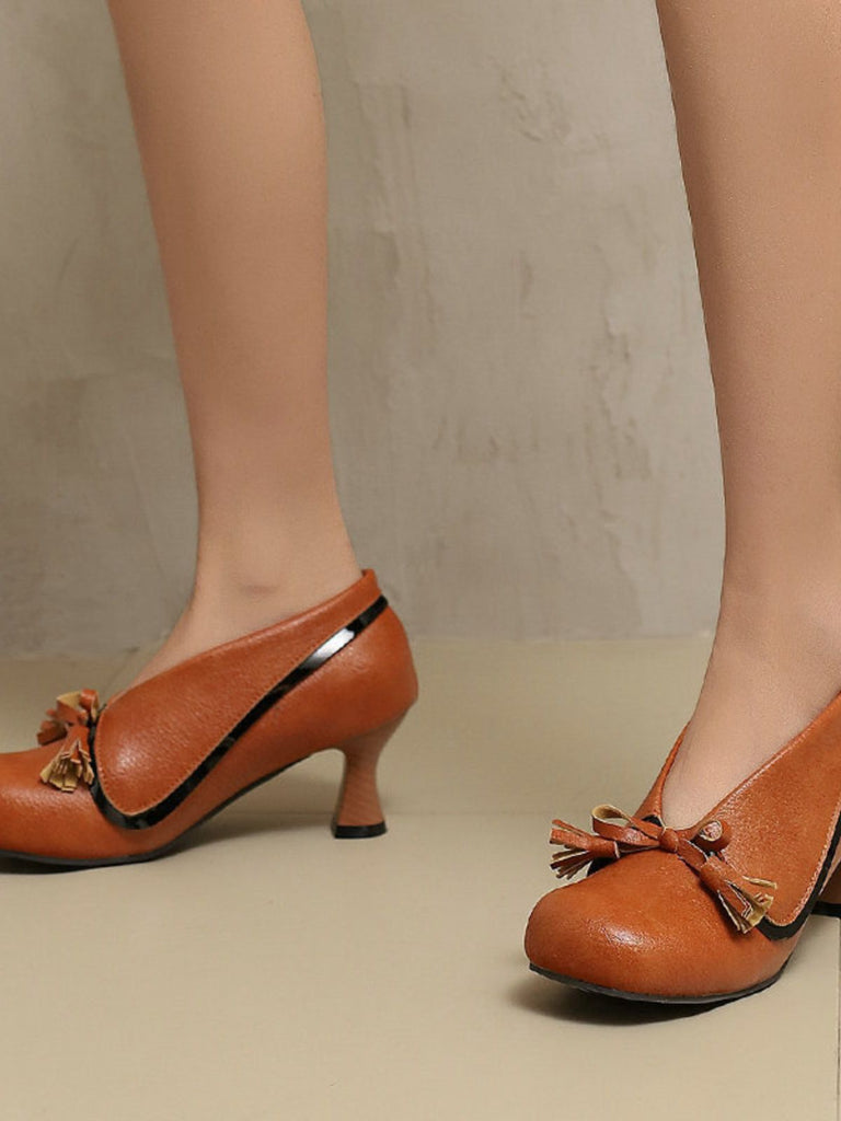 Retro Bow PU Round-Toe Chunky Heel Shoes - vintage shoes, retro heels