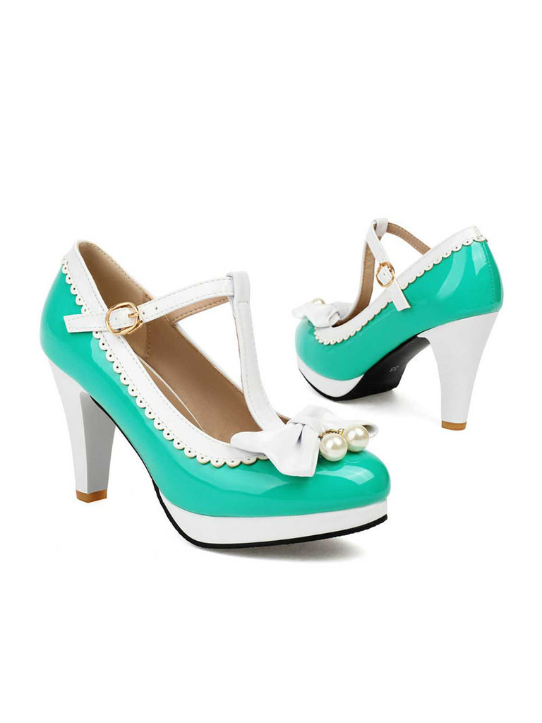 This Retro Bow T-Strap Contrast High Heels Shoes whispers 1950s secrets to those who notice