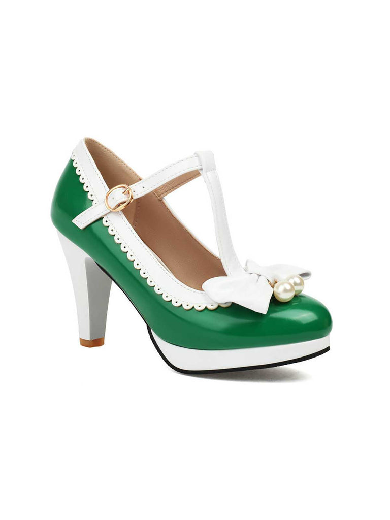 She finds her 1950s story in this Retro Bow T-Strap Contrast High Heels Shoes