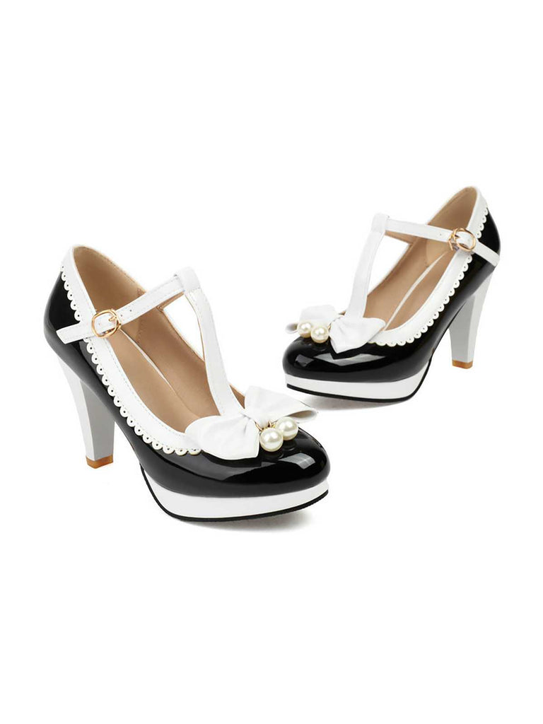 She finds her 1950s story in this Retro Bow T-Strap Contrast High Heels Shoes