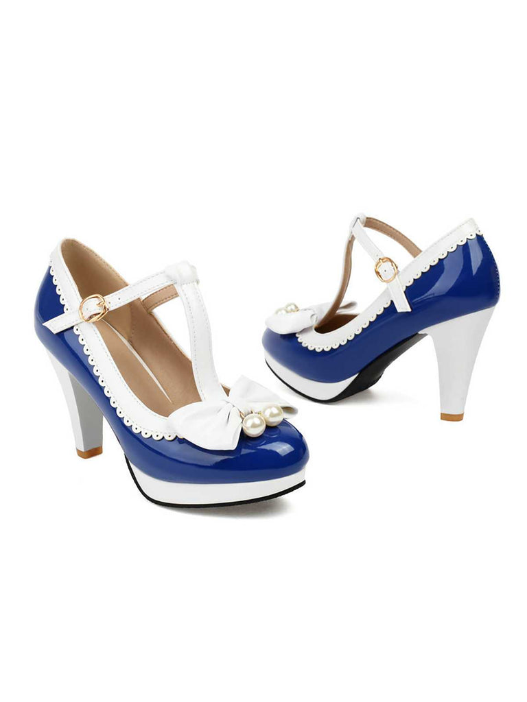 She finds her 1950s story in this Retro Bow T-Strap Contrast High Heels Shoes