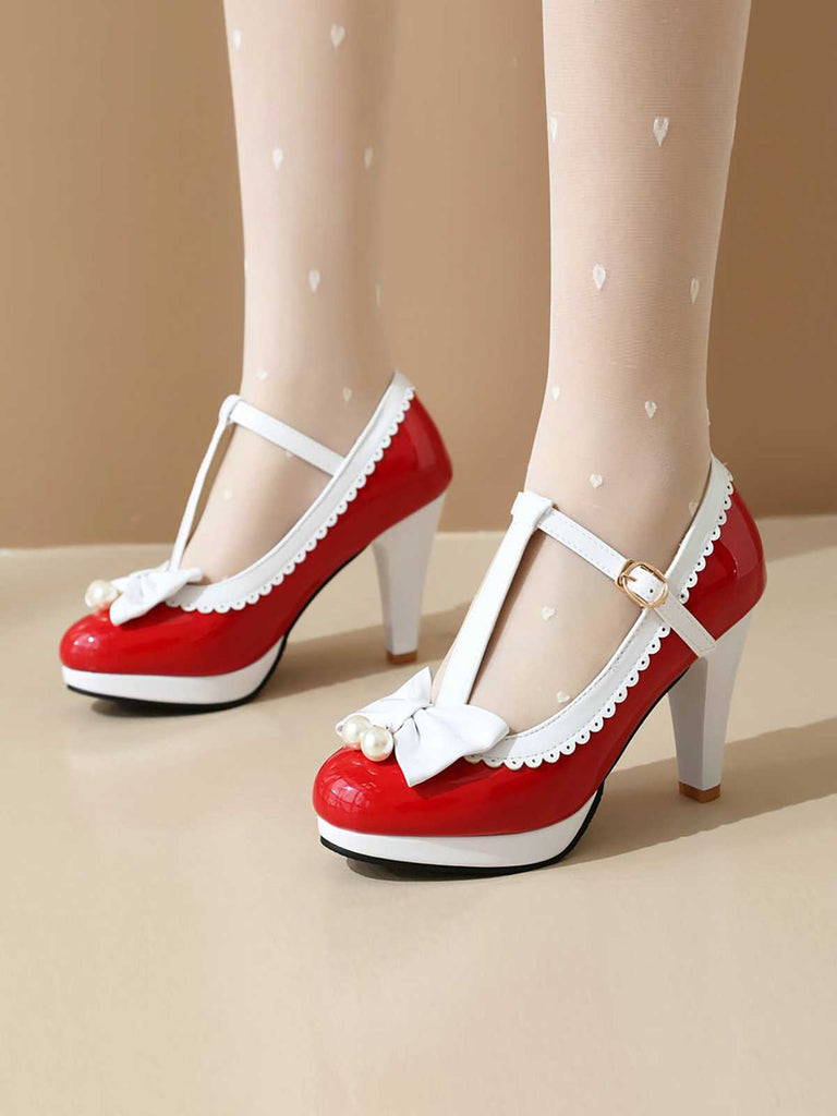 Retro Bow T-Strap Contrast High Heels Shoes — 1950s style that transcends decades