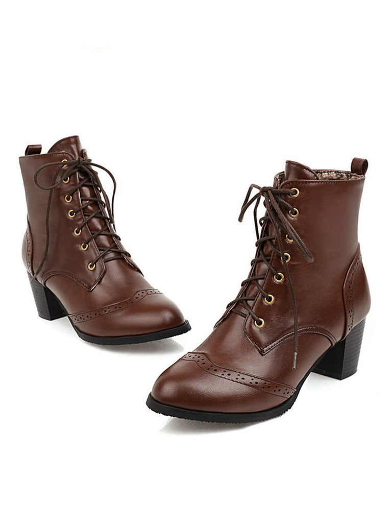 This Retro Leather Medium Heel Lace-Up Combat Boots whispers 1950s secrets to those who notice