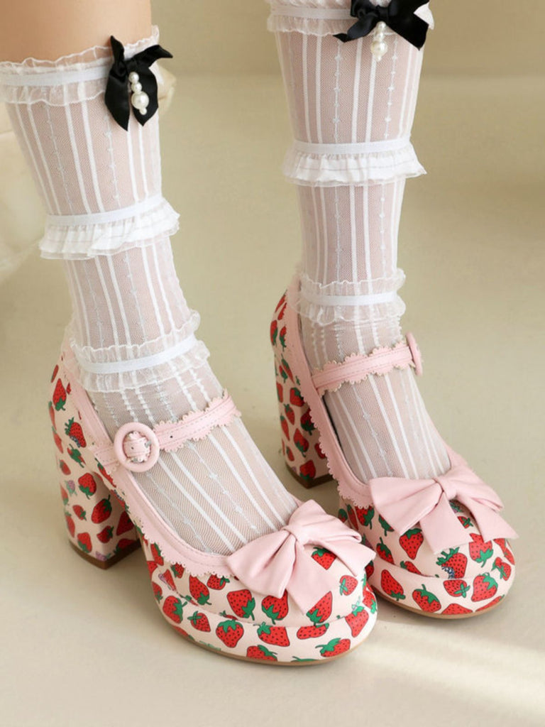 Retro Leather Strawberry Bow Chunky Heels — 1950s vintage charm for her modern wardrobe