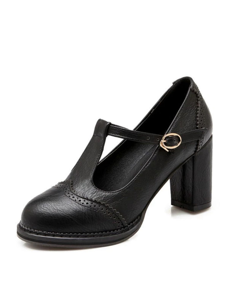 Retro Leather T-Strap Chunky Heel Shoes: timeless 1950s elegance she makes her own