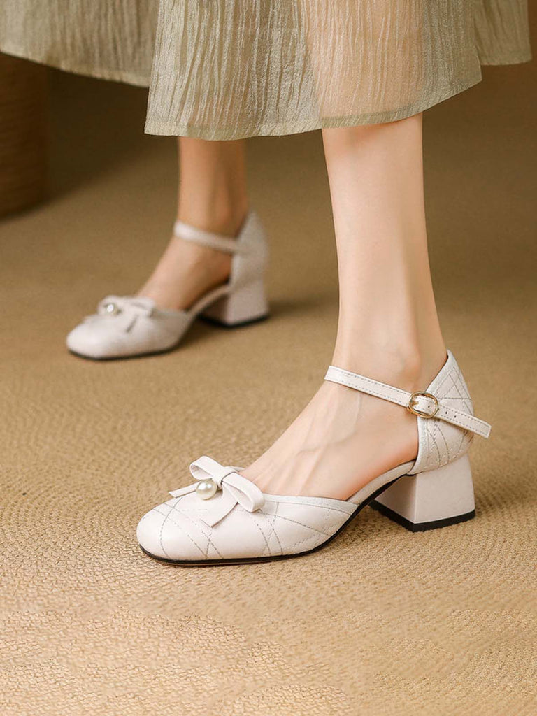 Retro Pearl Bow Mary Jane Heels - vintage shoes, retro heels