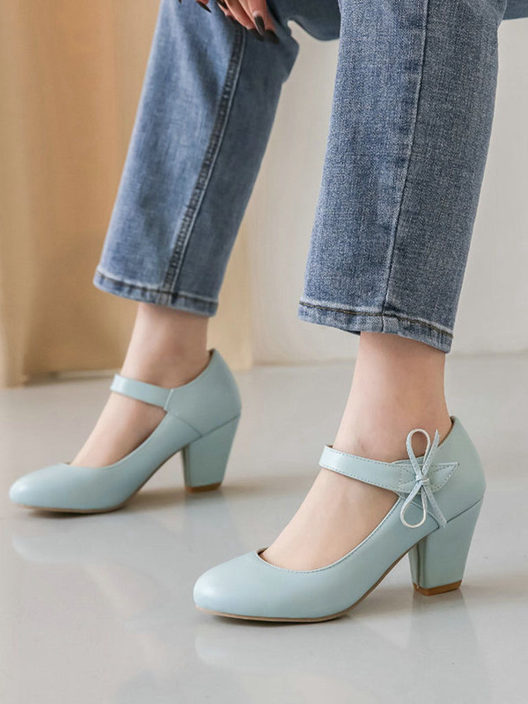 Retro Round Toe Solid Bowknot Chunky Heels - vintage shoes, retro heels