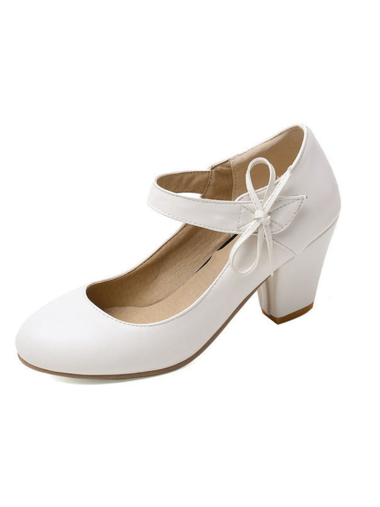 Retro Round Toe Solid Bowknot Chunky Heels - vintage shoes, retro heels