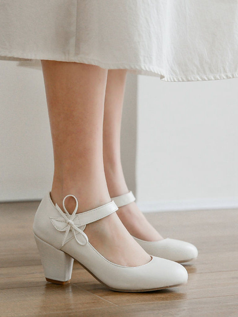 Retro Round Toe Solid Bowknot Chunky Heels - vintage shoes, retro heels