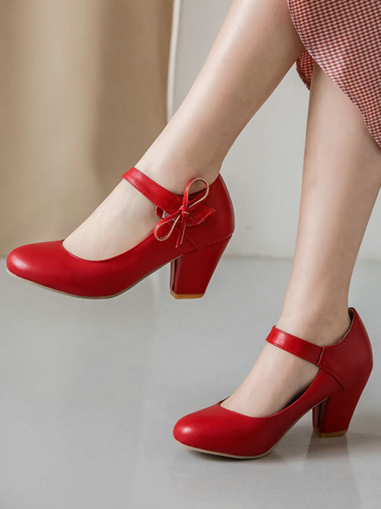 Retro Round Toe Solid Bowknot Chunky Heels - vintage shoes, retro heels