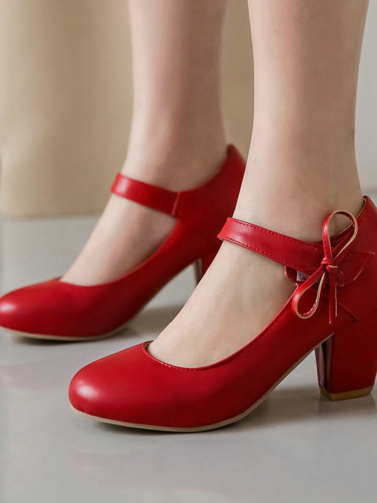 Retro Round Toe Solid Bowknot Chunky Heels - vintage shoes, retro heels