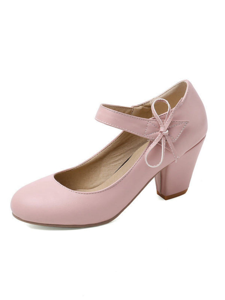Retro Round Toe Solid Bowknot Chunky Heels - vintage shoes, retro heels