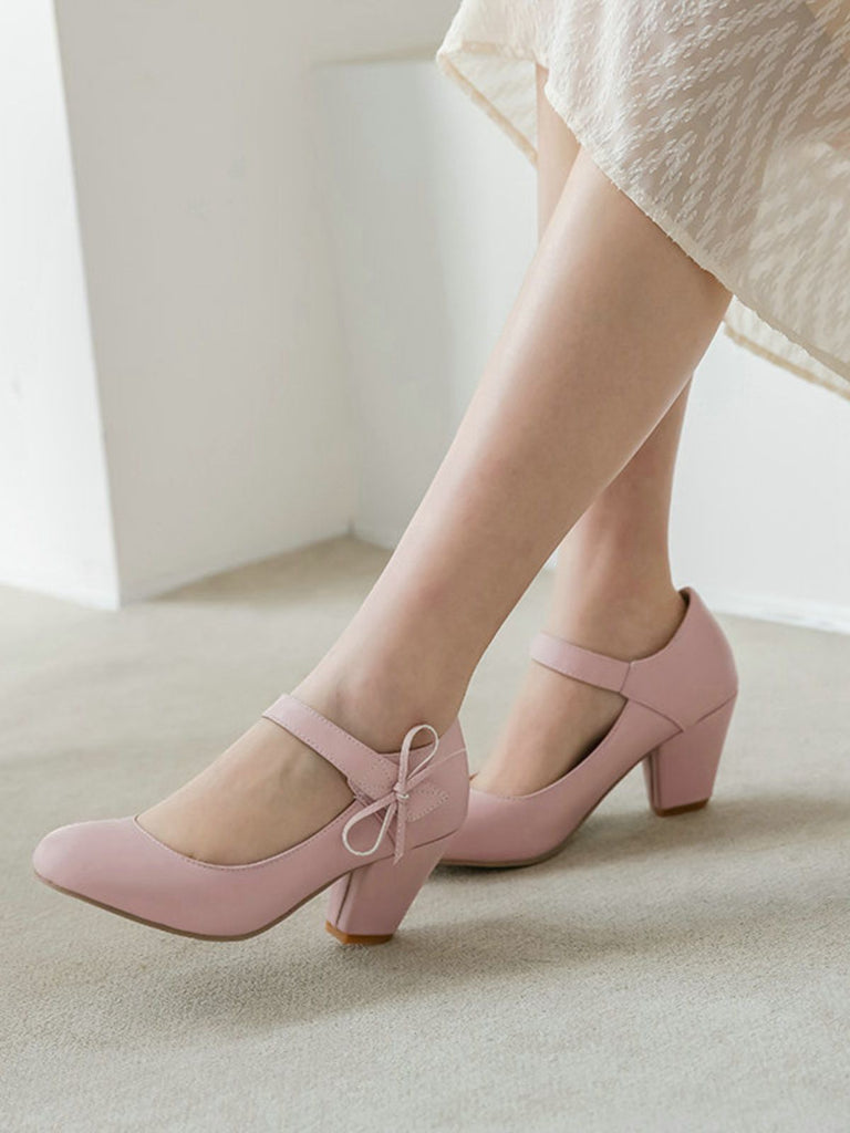 Retro Round Toe Solid Bowknot Chunky Heels - vintage shoes, retro heels